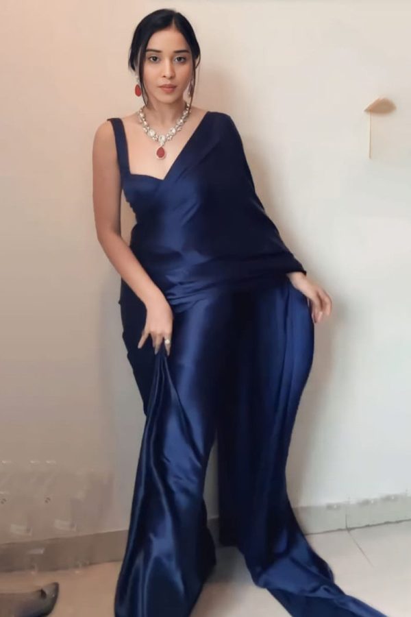 Stunner 1-Minute Ready To Wear Navy Blue Satin Silk Saree