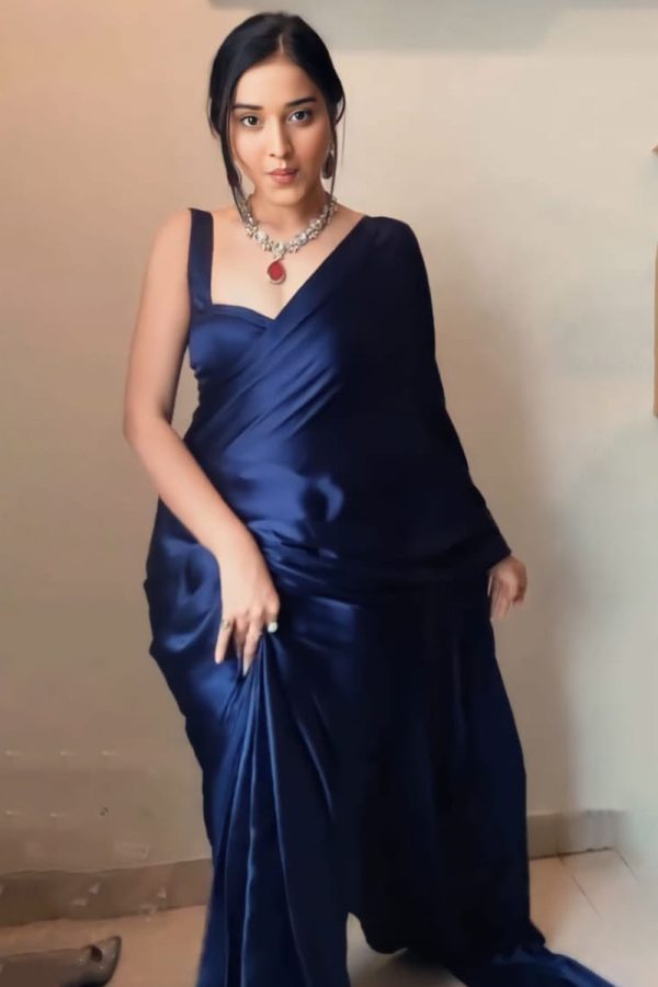 Stunner 1-Minute Ready To Wear Navy Blue Satin Silk Saree