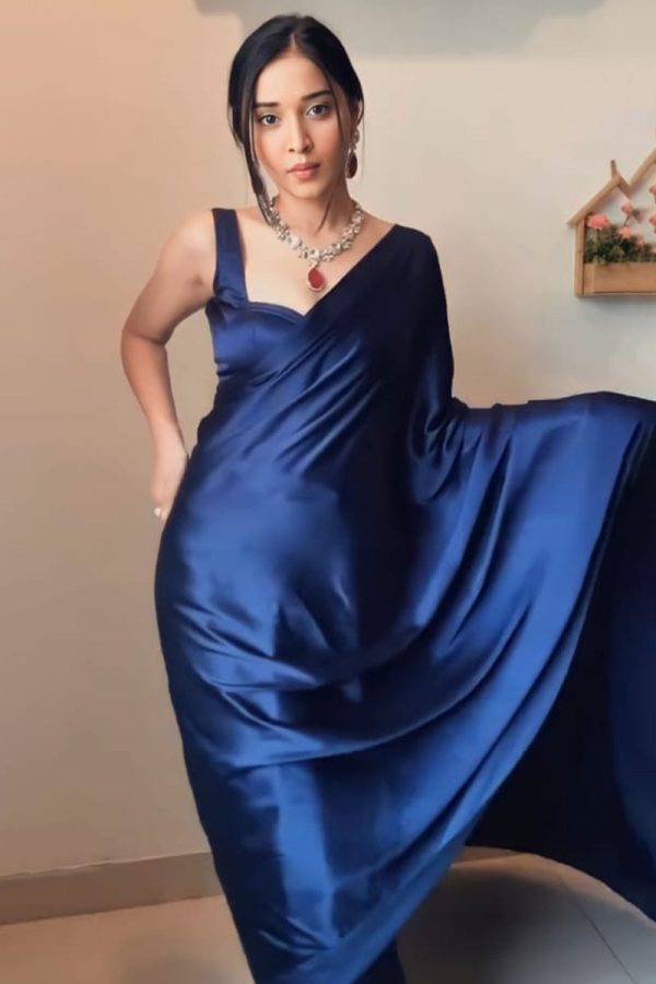 Stunner 1-Minute Ready To Wear Navy Blue Satin Silk Saree