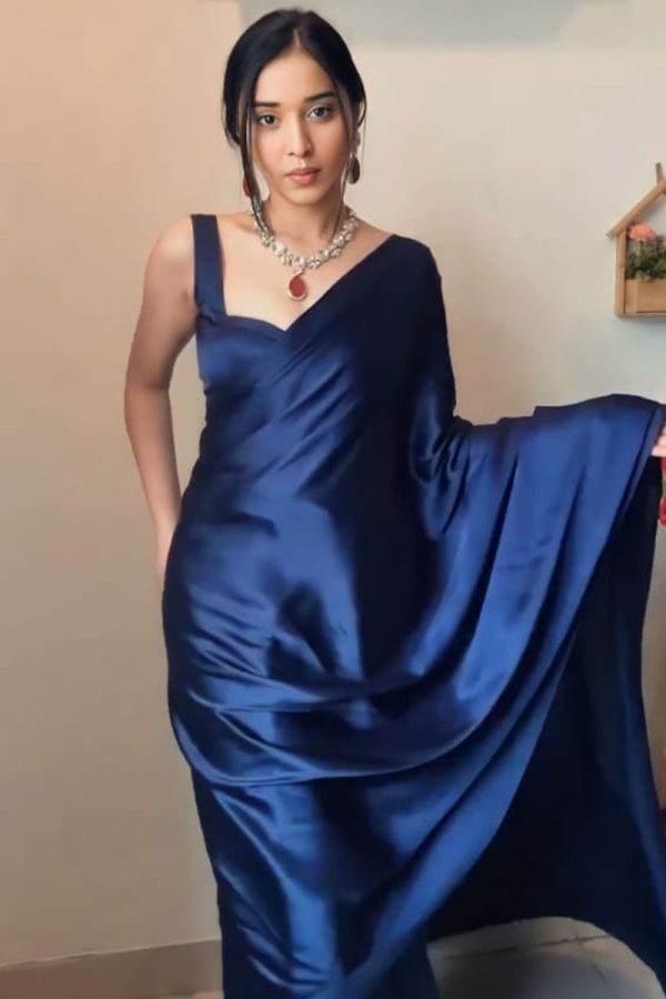 Stunner 1-Minute Ready To Wear Navy Blue Satin Silk Saree