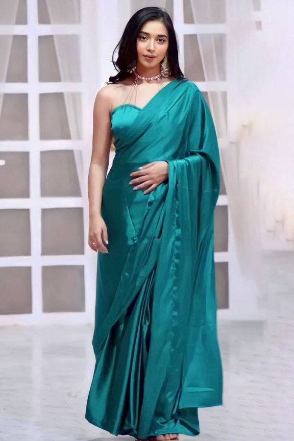 Majesty 1-Minute Ready To Wear Rama Satin Silk Saree