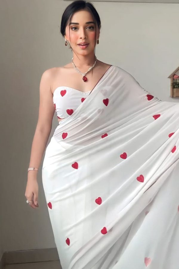 Super classy 1-Minute Ready To Wear White Georgette Saree