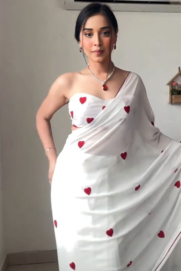 Super classy 1-Minute Ready To Wear White Georgette Saree