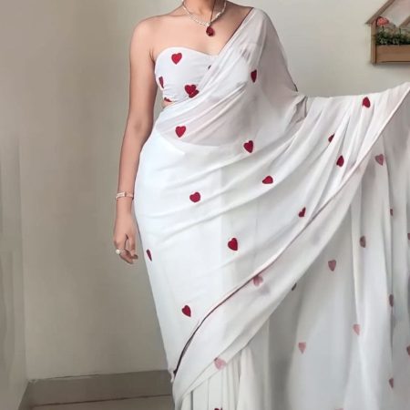 Super classy 1-Minute Ready To Wear White Georgette Saree