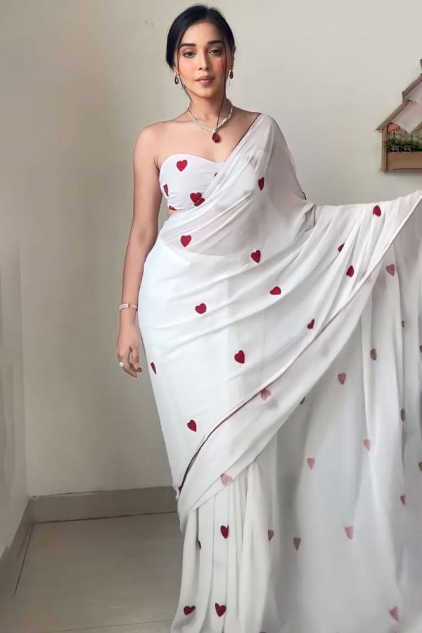 Super classy 1-Minute Ready To Wear White Georgette Saree