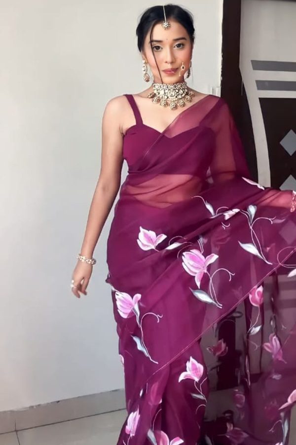 Most Flattering 1-Minute Ready To Wear Wine Organza Silk Saree