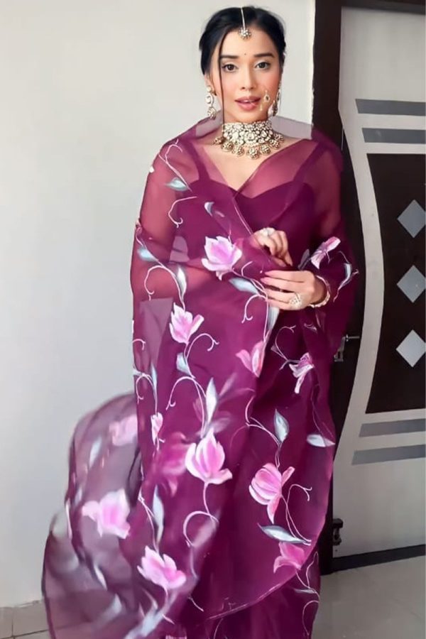 Most Flattering 1-Minute Ready To Wear Wine Organza Silk Saree