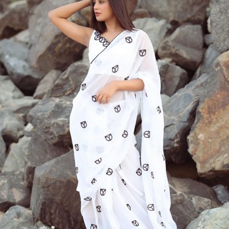 Adorning 1-Minute Ready To Wear White Georgette Saree