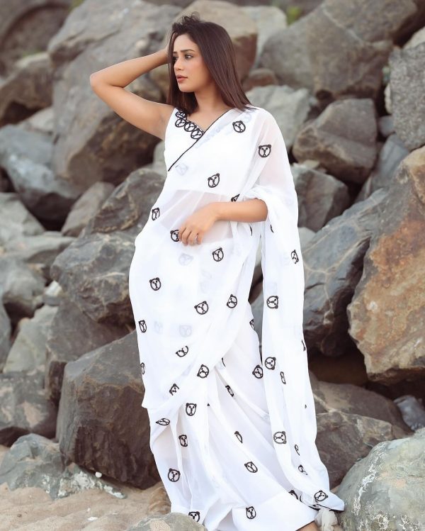 Adorning 1-Minute Ready To Wear White Georgette Saree