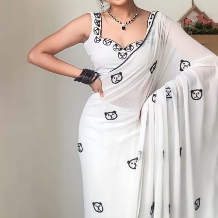 Devastating 1-Minute Ready To Wear White Georgette Saree