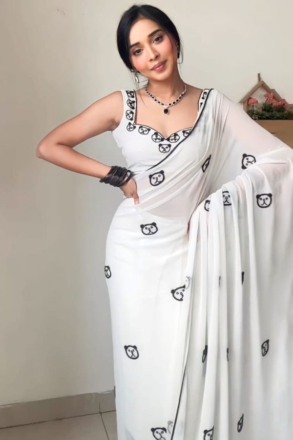 Devastating 1-Minute Ready To Wear White Georgette Saree