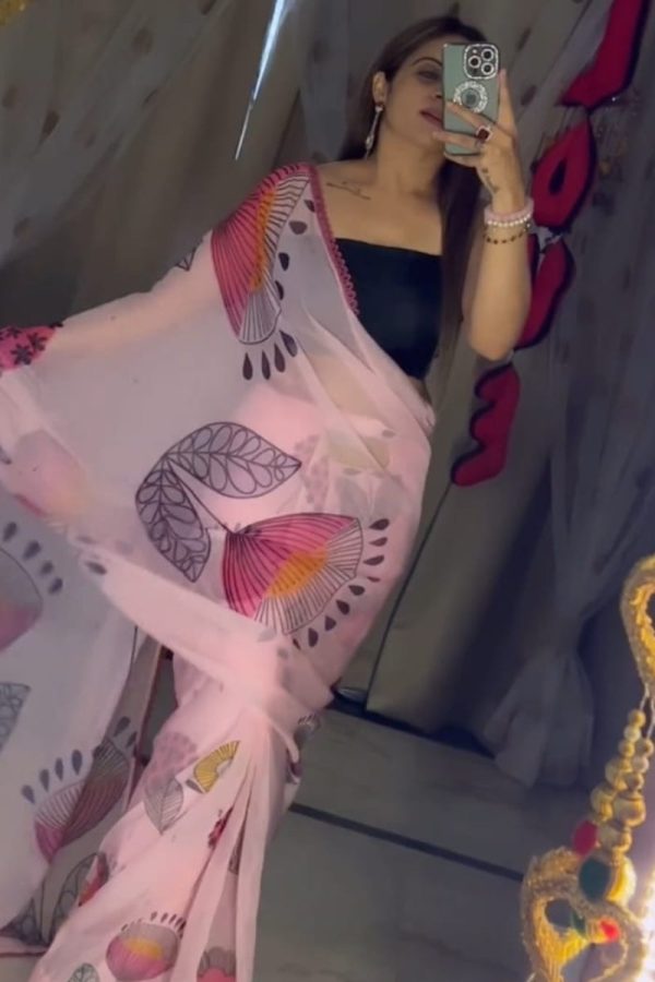 Imaginative 1-Minute Ready To Wear Pink Printed Georgette Saree