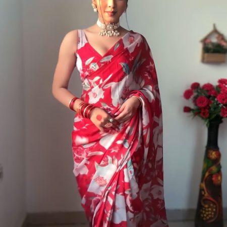 Lovely 1-Minute Ready To Wear Red Georgette Saree