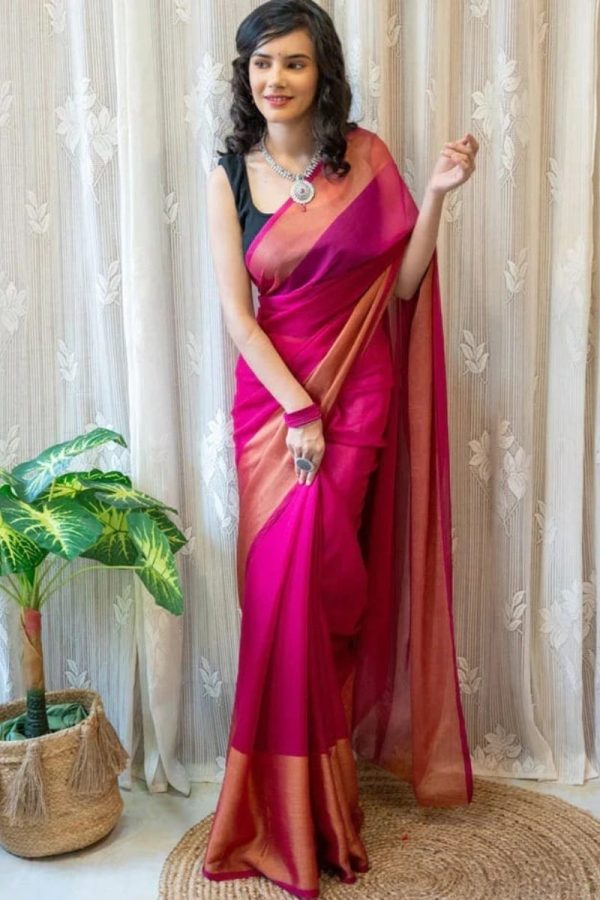 Imbrication 1-Minute Ready To Wear Dark Pink Chiffon Silk Saree