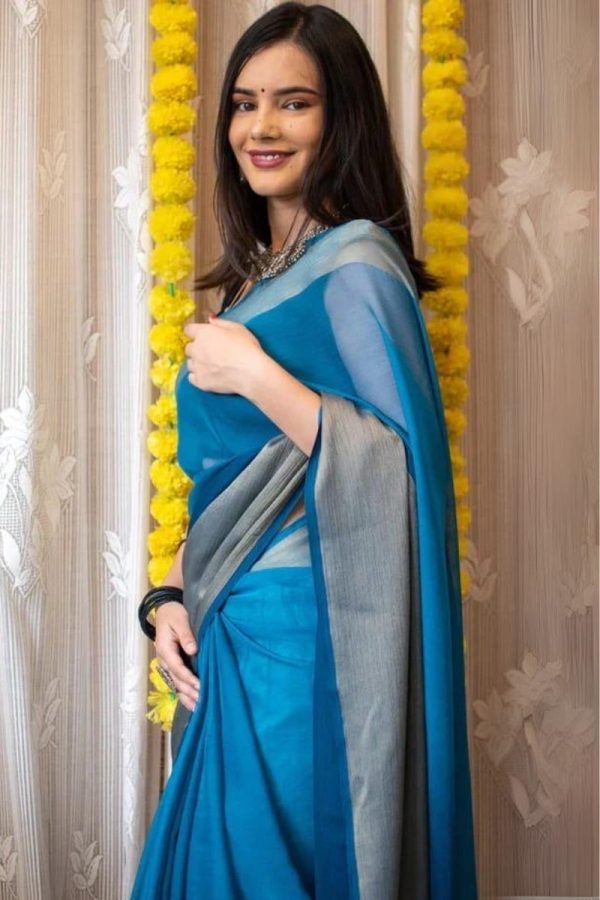 Staggering 1-Minute Ready To Wear Firozi Chiffon Silk Saree