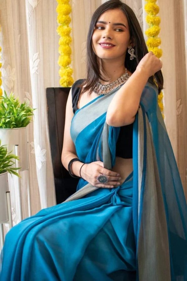 Staggering 1-Minute Ready To Wear Firozi Chiffon Silk Saree