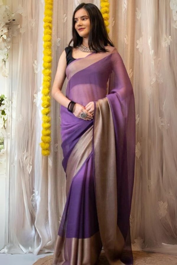 Surreptitious 1-Minute Ready To Wear Lavendor Chiffon Silk Saree