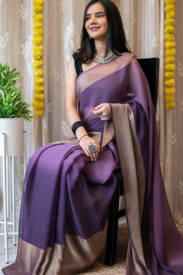 Surreptitious 1-Minute Ready To Wear Lavendor Chiffon Silk Saree