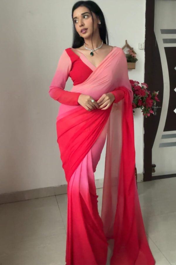 Allure 1-Minute Ready To Wear Red and Baby Pink Georgette Saree