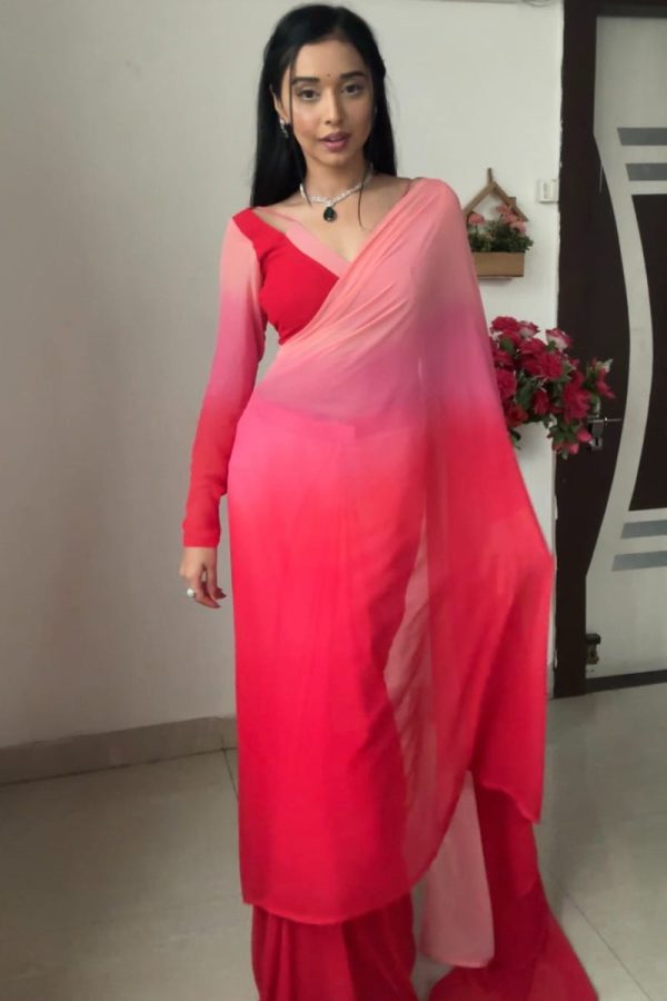 Allure 1-Minute Ready To Wear Red and Baby Pink Georgette Saree