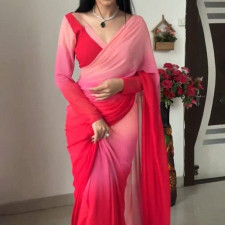 Allure 1-Minute Ready To Wear Red and Baby Pink Georgette Saree