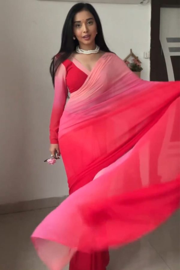 Allure 1-Minute Ready To Wear Red and Baby Pink Georgette Saree