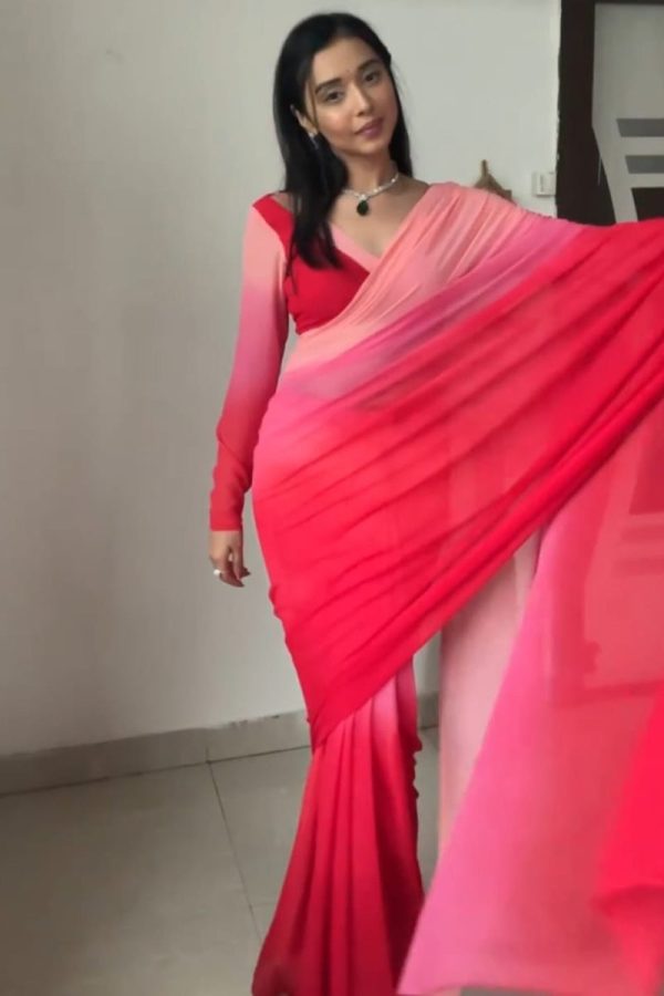 Allure 1-Minute Ready To Wear Red and Baby Pink Georgette Saree