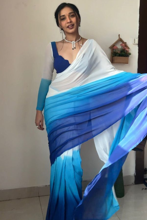 Vibrant 1-Minute Ready To Wear Firozi and Blue Georgette Saree