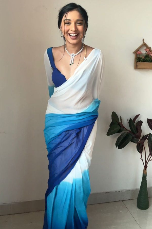 Vibrant 1-Minute Ready To Wear Firozi and Blue Georgette Saree