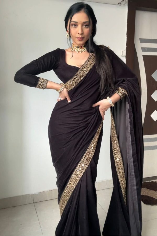 Supernal Black 1 Minute Ready To Wear Velvet Saree With Blouse Piece