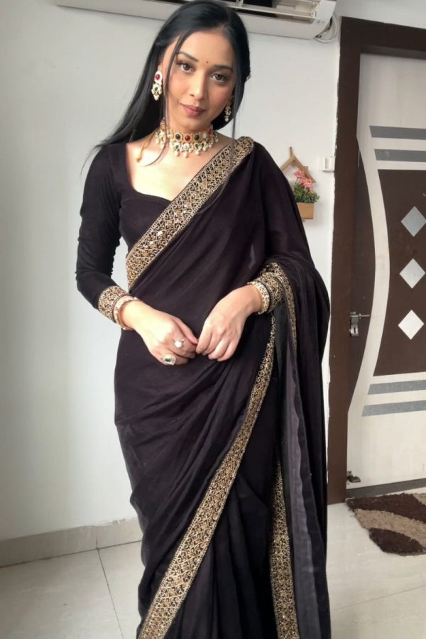 Supernal Black 1 Minute Ready To Wear Velvet Saree With Blouse Piece