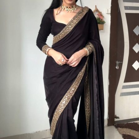 Supernal Black 1 Minute Ready To Wear Velvet Saree With Blouse Piece