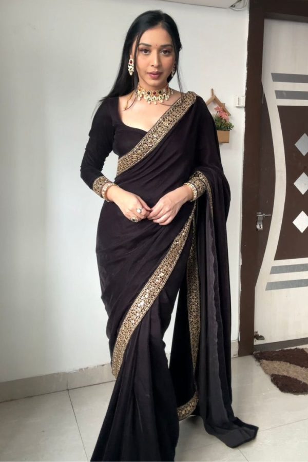 Supernal Black 1 Minute Ready To Wear Velvet Saree With Blouse Piece