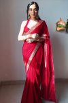 Winsome Red 1 Minute Ready To Wear Velvet Saree With Blouse Piece