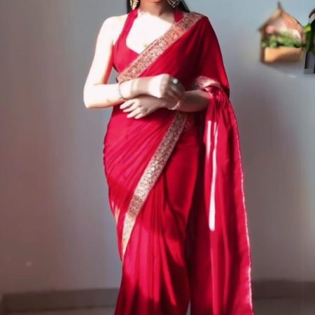 Winsome Red 1 Minute Ready To Wear Velvet Saree With Blouse Piece