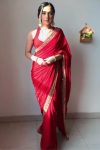 Winsome Red 1 Minute Ready To Wear Velvet Saree With Blouse Piece