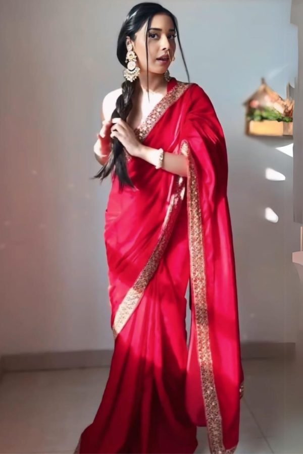 Winsome Red 1 Minute Ready To Wear Velvet Saree With Blouse Piece