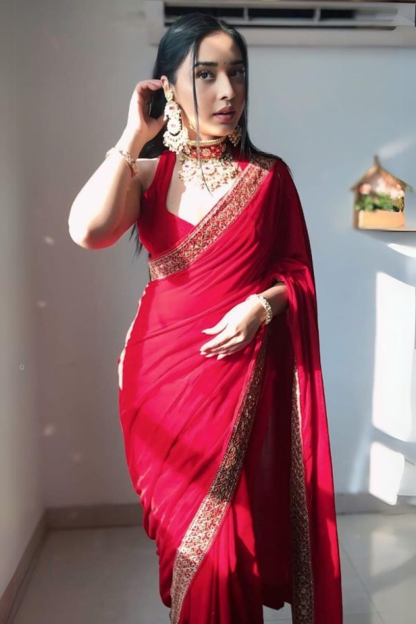 Winsome Red 1 Minute Ready To Wear Velvet Saree With Blouse Piece