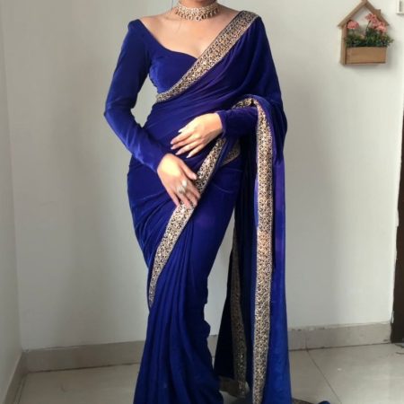 Whimsical Royal Blue 1 Minute Ready To Wear Velvet Saree With Blouse Piece