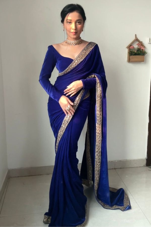 Whimsical Royal Blue 1 Minute Ready To Wear Velvet Saree With Blouse Piece