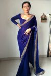 Whimsical Royal Blue 1 Minute Ready To Wear Velvet Saree With Blouse Piece