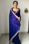 Whimsical Royal Blue 1 Minute Ready To Wear Velvet Saree With Blouse Piece