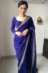 Whimsical Royal Blue 1 Minute Ready To Wear Velvet Saree With Blouse Piece