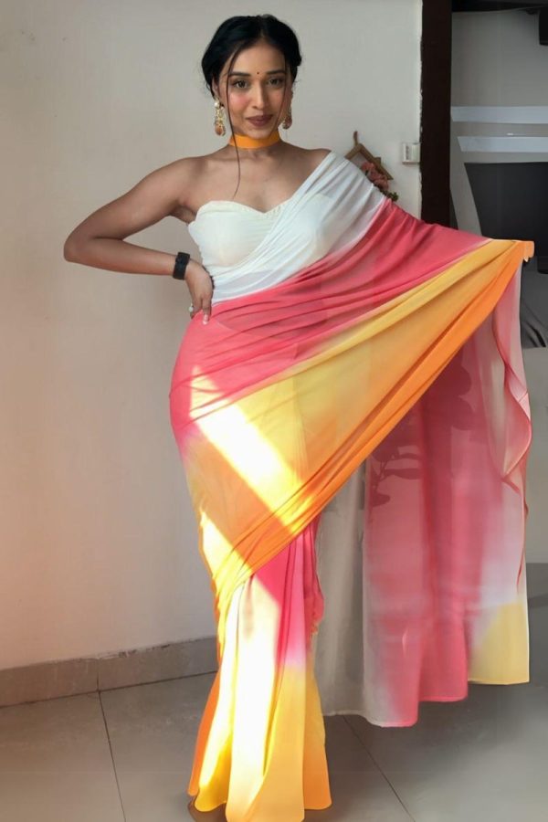 Luminous 1-Minute Ready To Wear Yellow and Pink Georgette Saree