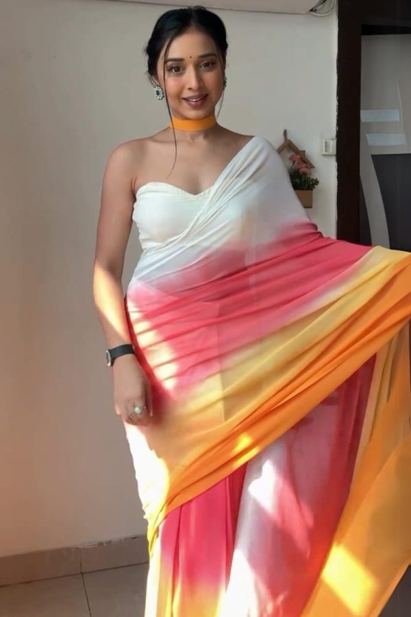 Luminous 1-Minute Ready To Wear Yellow and Pink Georgette Saree