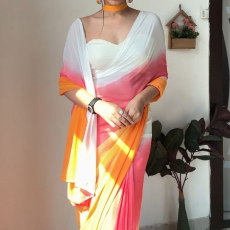 Luminous 1-Minute Ready To Wear Yellow and Pink Georgette Saree