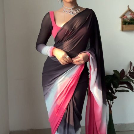 Resplendent 1-Minute Ready To Wear Black and Pink Georgette Saree