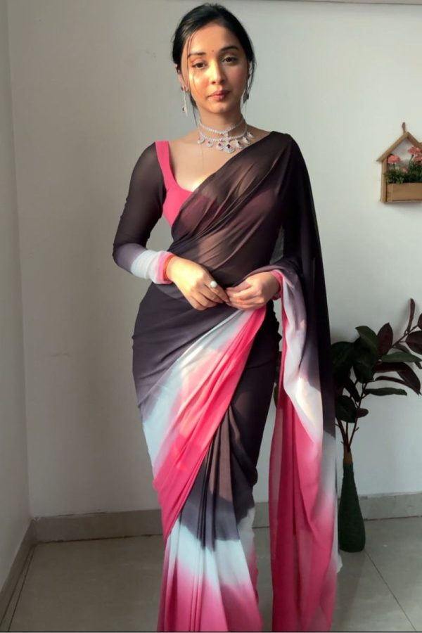 Resplendent 1-Minute Ready To Wear Black and Pink Georgette Saree