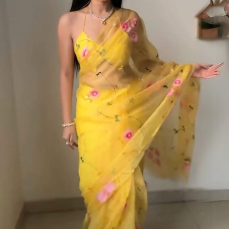 Glamorous 1-Minute Ready To Wear Yellow Organza Silk Saree