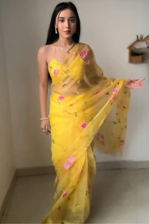 Glamorous 1-Minute Ready To Wear Yellow Organza Silk Saree